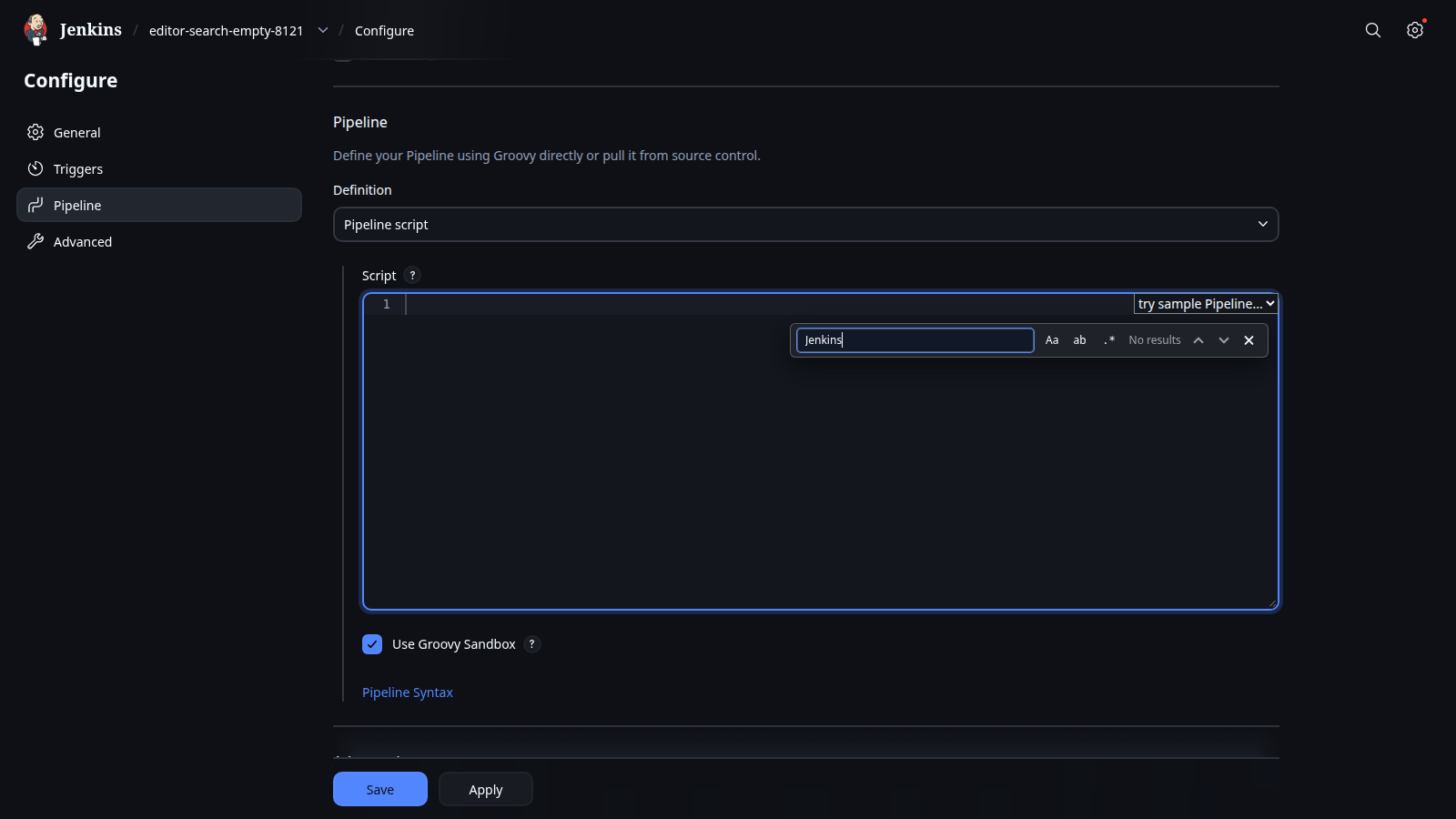 Pipeline sample selector search widget in dark mode